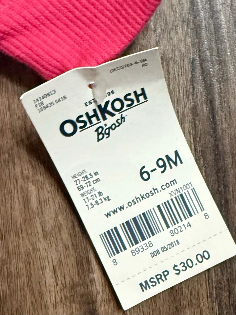 OshKosh B’gosh Baby Girls 6-9 Months Jacket Pink Full Zip Hooded NWT